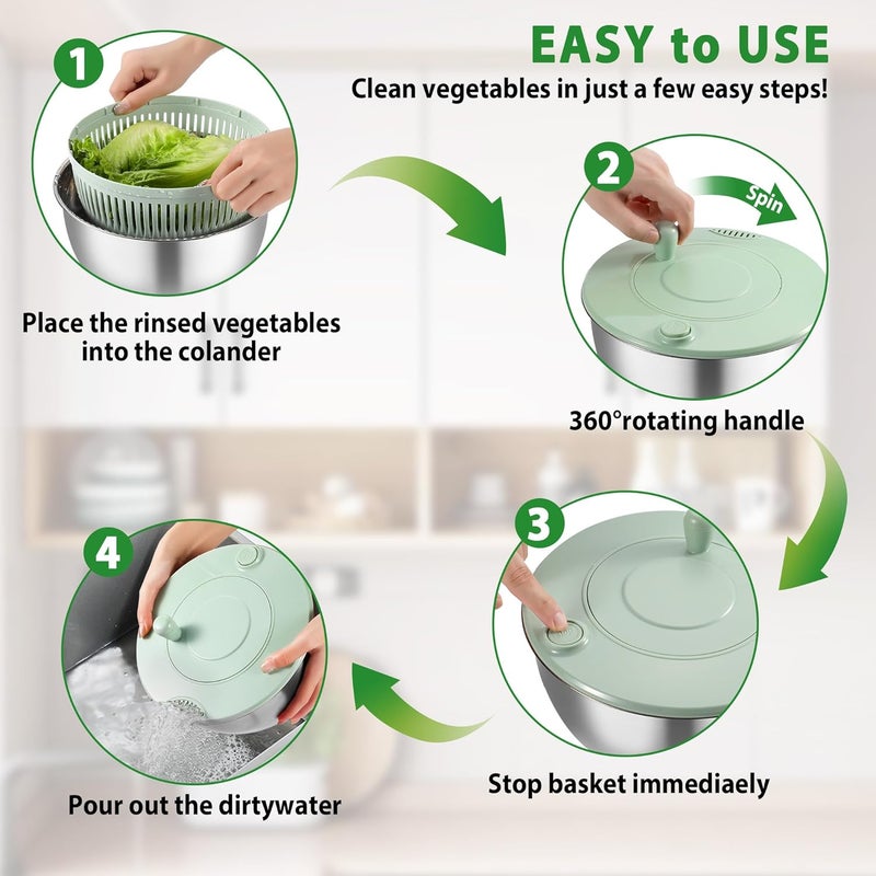 dulvus Salad Spinner Stainless Steel, 5.3-Quart Lettuce Washer Spinner for 2–3 Servings, Large Vegetable&Fruit Wash Bowl with Strainer, Includes 5-Blade Slicer — Perfect Salad Making Tool for Healthy Eaters - Image 4
